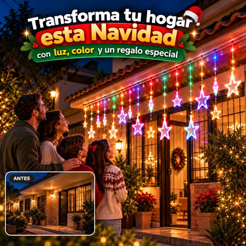 Cortina de Luces Estrella LED + Tapete Navideño GRATIS