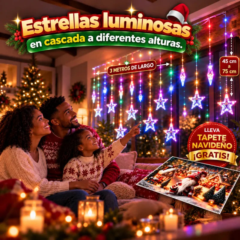 Cortina de Luces Estrella LED + Tapete Navideño GRATIS
